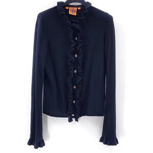 TORY BURCH Merino Wool Button Up Cardigan Black Ruffle